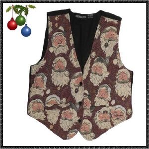 Ugly Christmas Vest M SANTA FACES Tapestry BUTTON